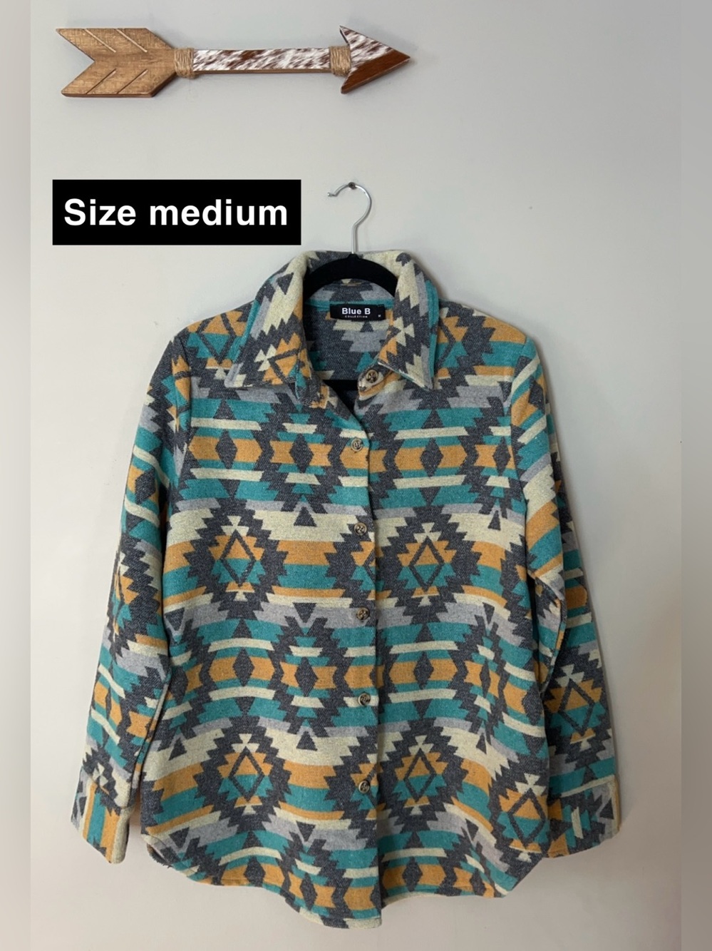 Blue B Aztec Button-Up Jacket in Teal, Mustard & Gray